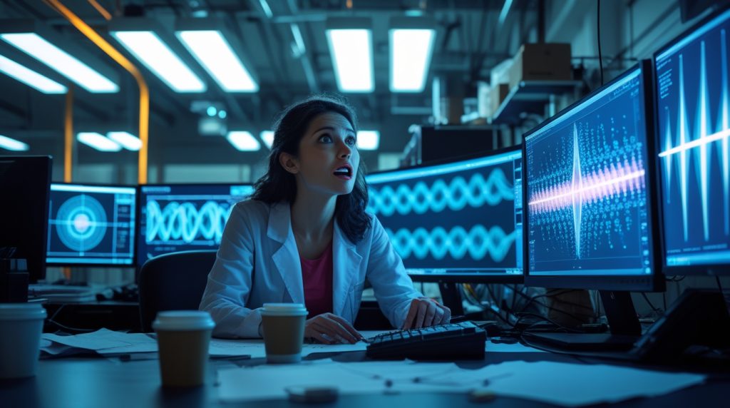 Elena staring at holographic data in a dark laboratory, hands trembling