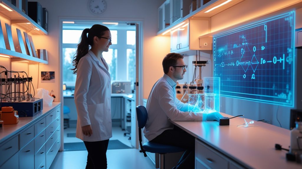 Elena and Marcus working together over holographic equations in a warmly lit laboratory