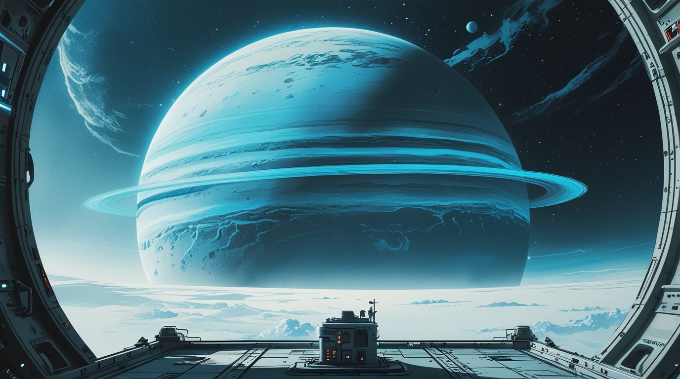 The planet Uranus seen from a nearby orbital platform, enormous and ice-blue, a small research station dwarfed by the gas giant