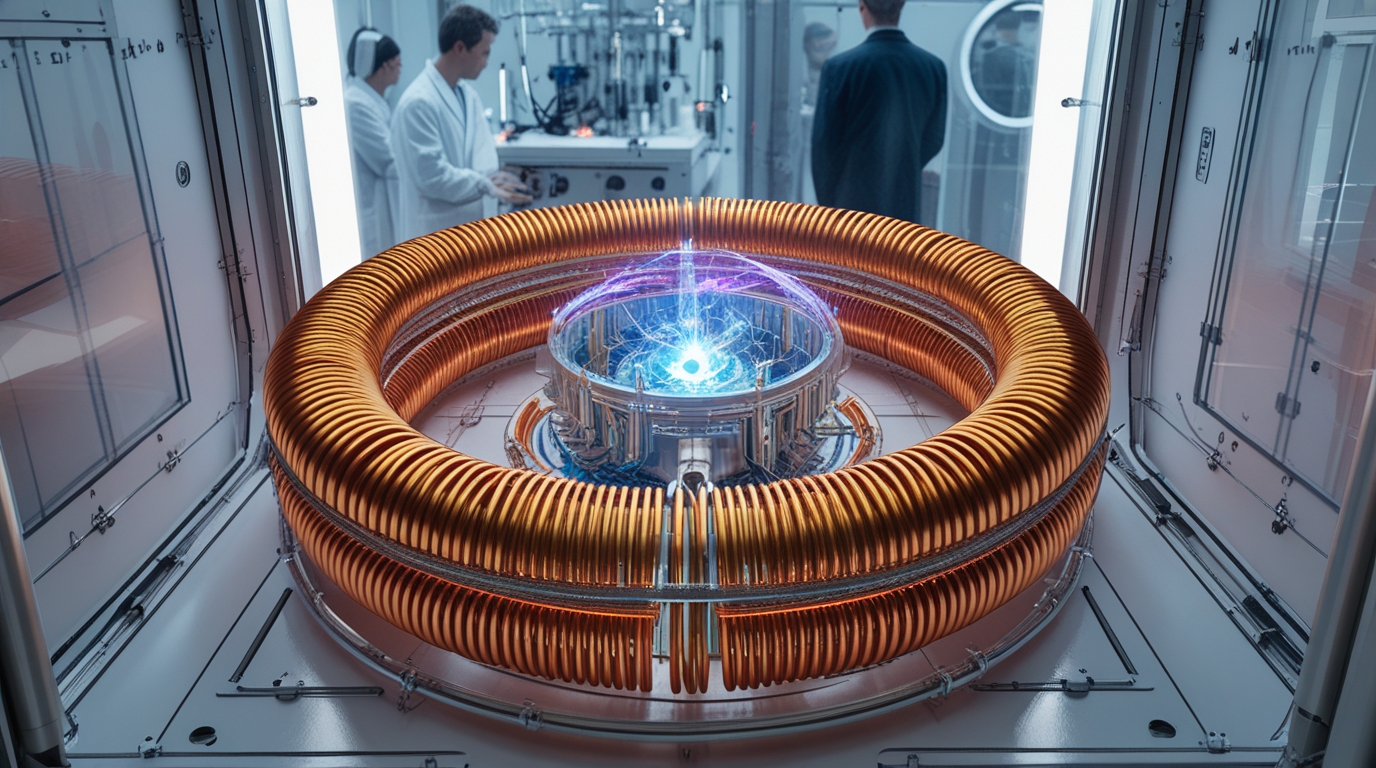A torus of superconducting coils wrapped around a glowing exotic matter core, sitting in a sterile test chamber viewed through a reinforced observation window