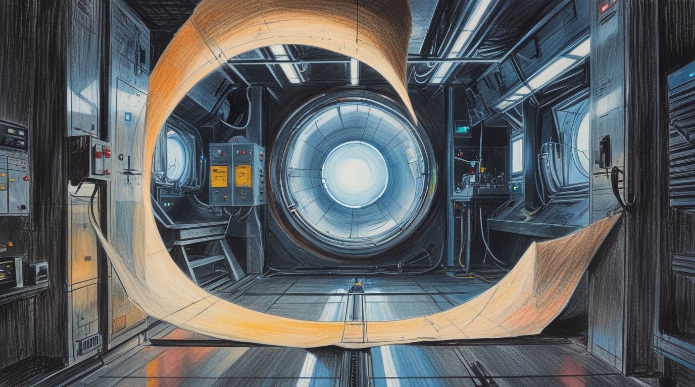 A region of warped space inside a test chamber, light bending impossibly, surfaces curving in directions that shouldn't exist, the moment physics breaks
