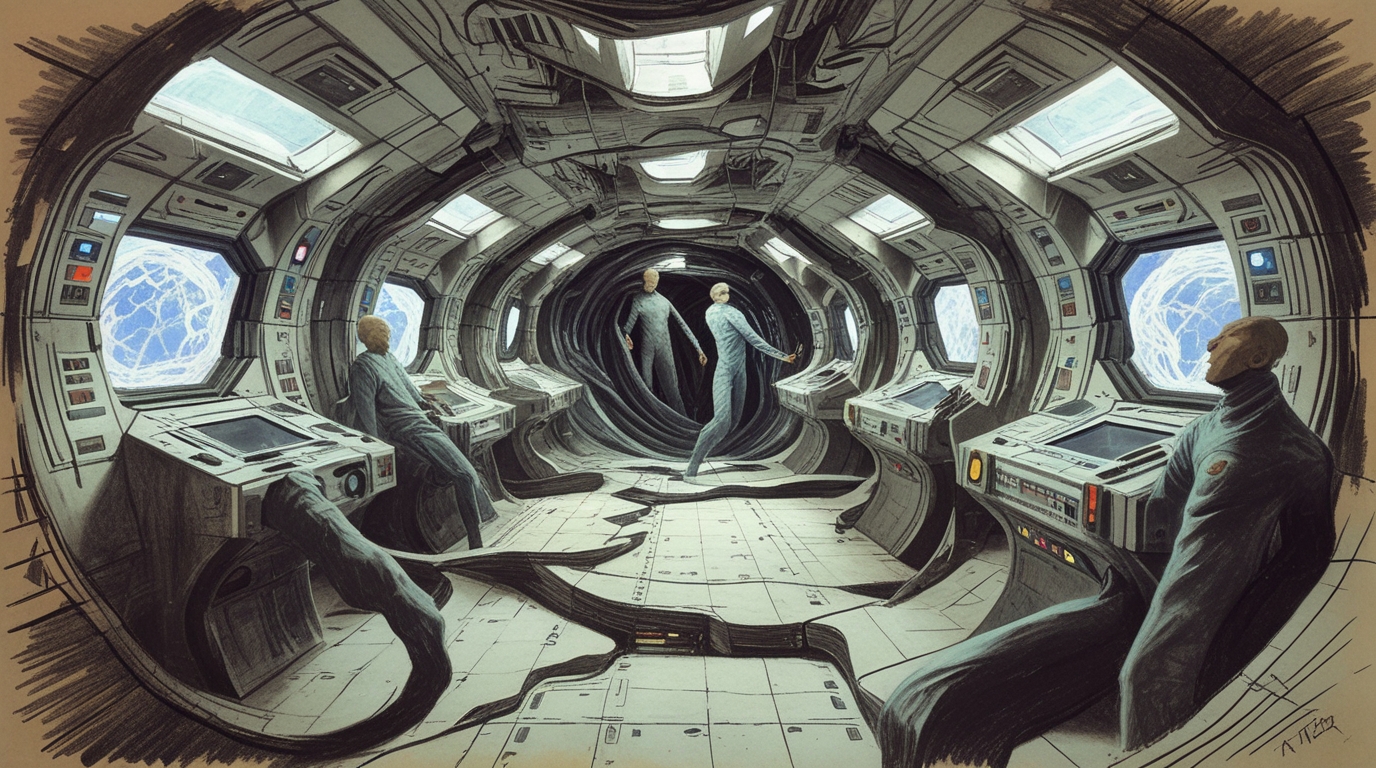Interior of a space station warping, walls bending impossibly, human figures twisted and fused with structure, forms recognizably human but impossibly wrong