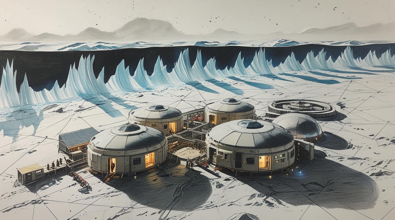 A colony habitat on an icy moon, a visible wave of distortion approaching across the surface, the colony lights still on, people still inside, seconds from impact