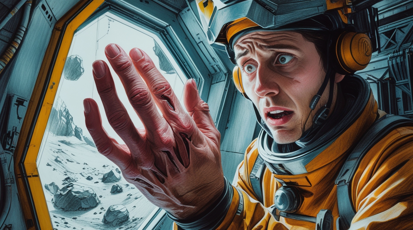 A miner on an asteroid station looking at their own hand, fingers slightly wrong, joints bending in a direction they shouldn't, quiet horror on their face