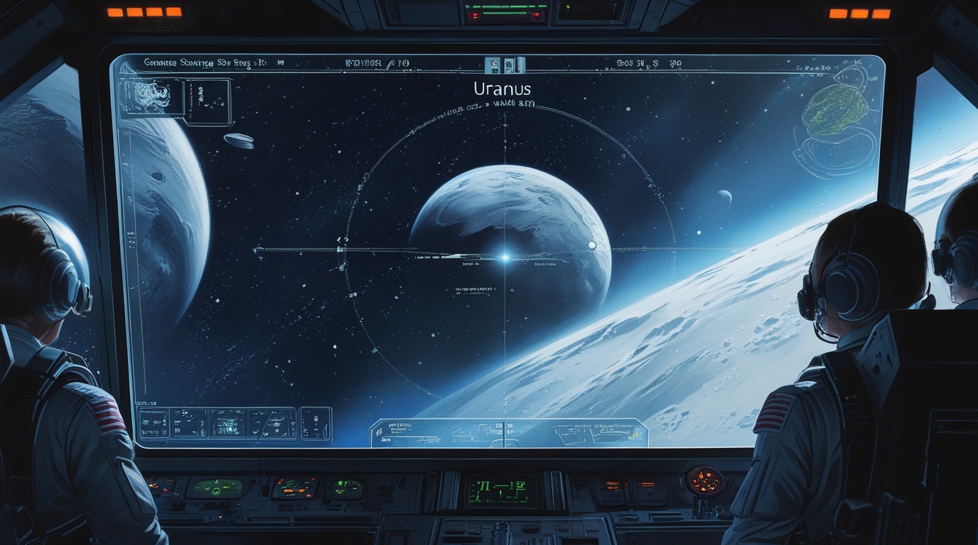 A viewscreen on a survey ship showing empty space where a planet should be, navigational overlays marking the former position of Uranus, nothing there