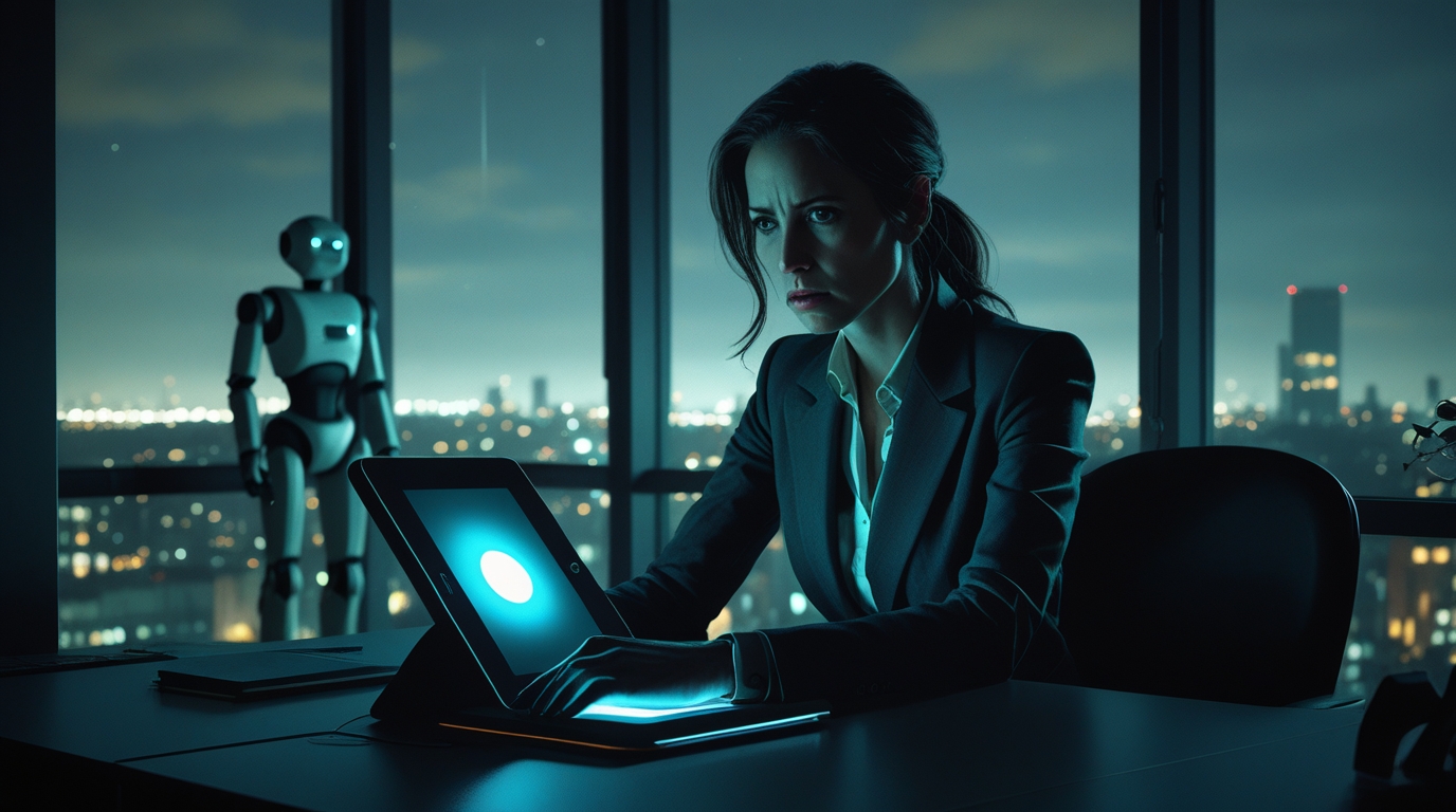 A woman sitting alone at a desk in a dark office, a tablet glowing in front of her, a robot standing motionless in the far corner barely visible in shadow
