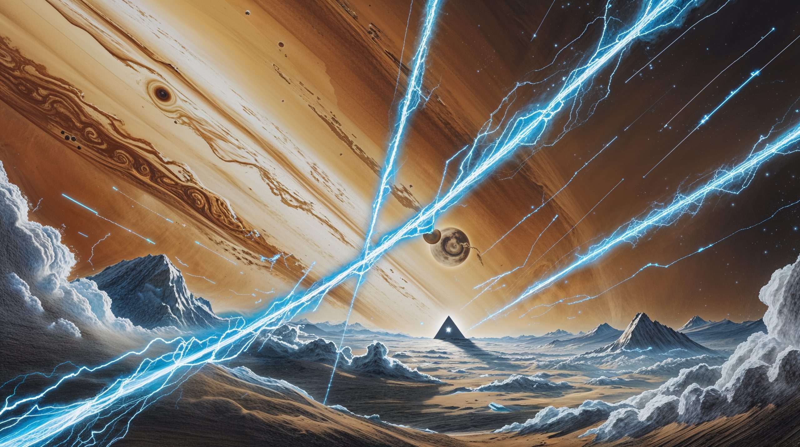 Coordinated electromagnetic wave assaults converge on a floating city from multiple directions through Jupiter's cloud layers, the structure sitting undamaged in the chaos