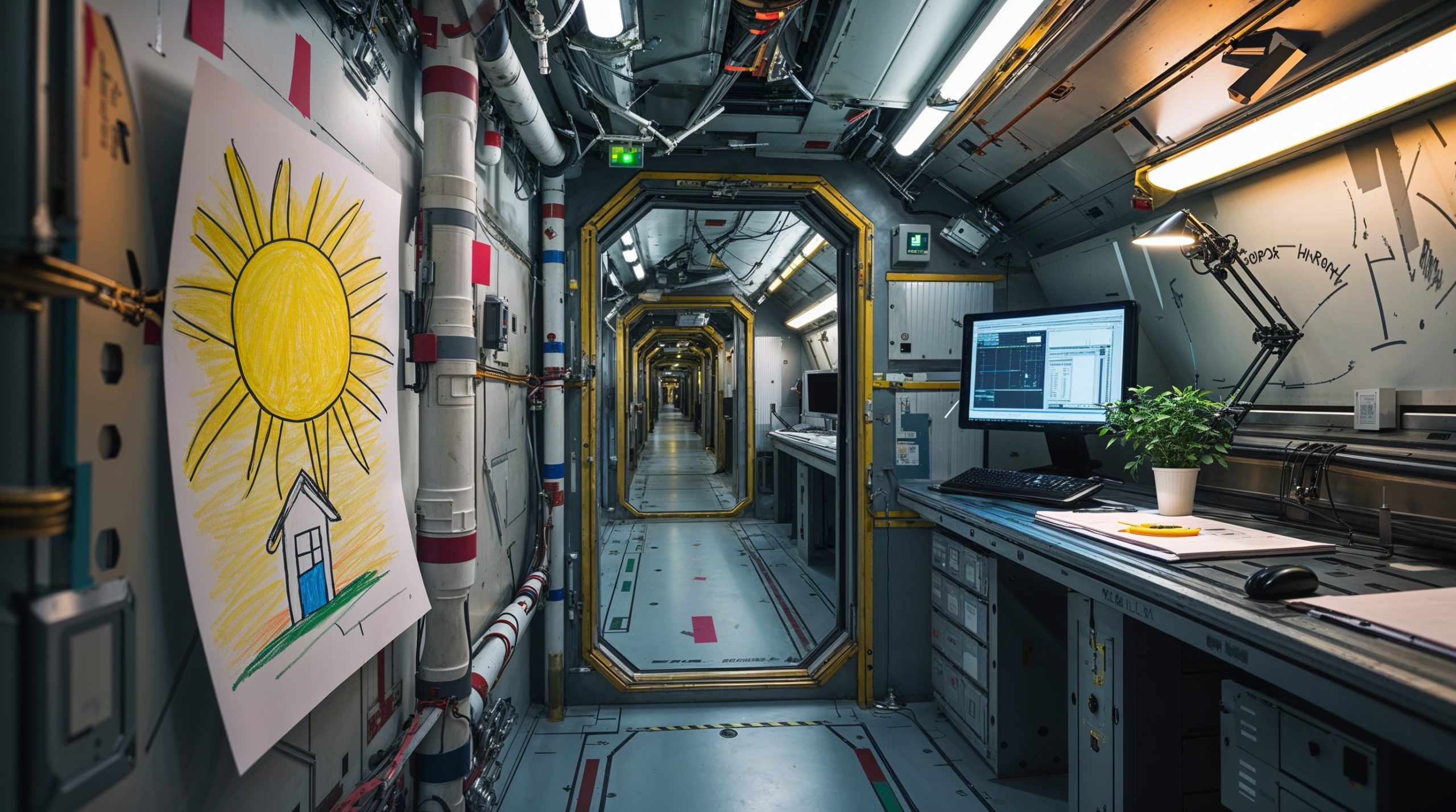 A narrow corridor inside Galileo Station with low ceilings and warm fluorescent light, a child's drawing taped to the wall beside an engineering workstation