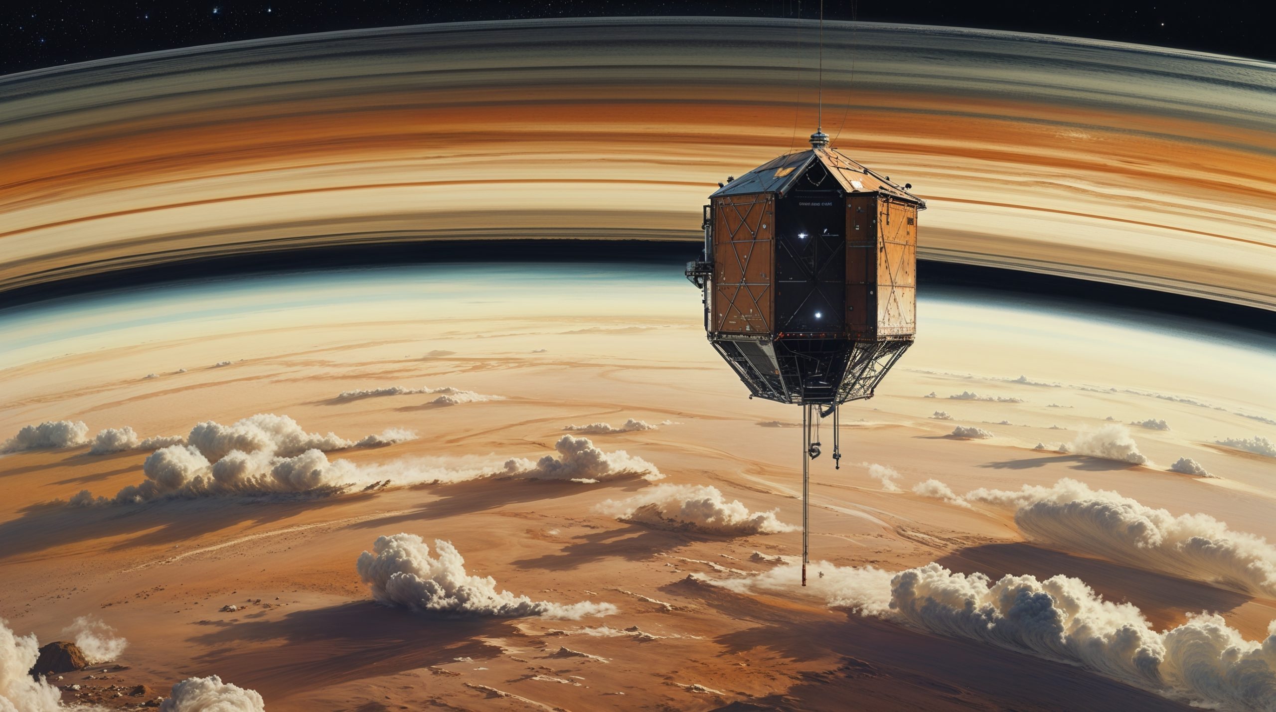 Galileo Station from the outside, a tiny angular structure of metal and composite suspended in Jupiter's vast amber cloud layers, dwarfed by the planet's endless atmosphere