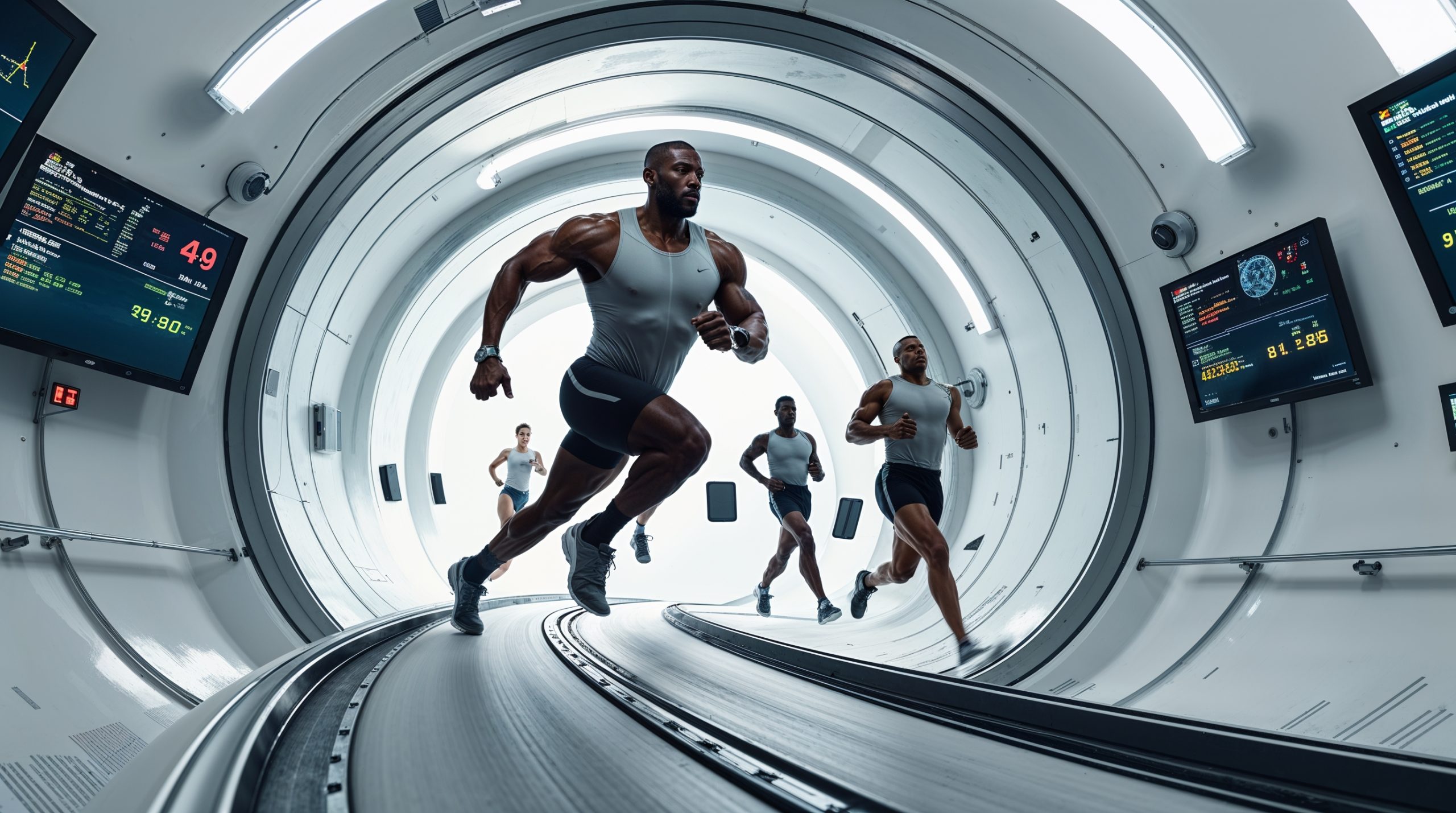 A trainee runs on the curved track of a lunar centrifuge station during gravity conditioning, medical monitors tracking his body's adaptation to heavy gravity