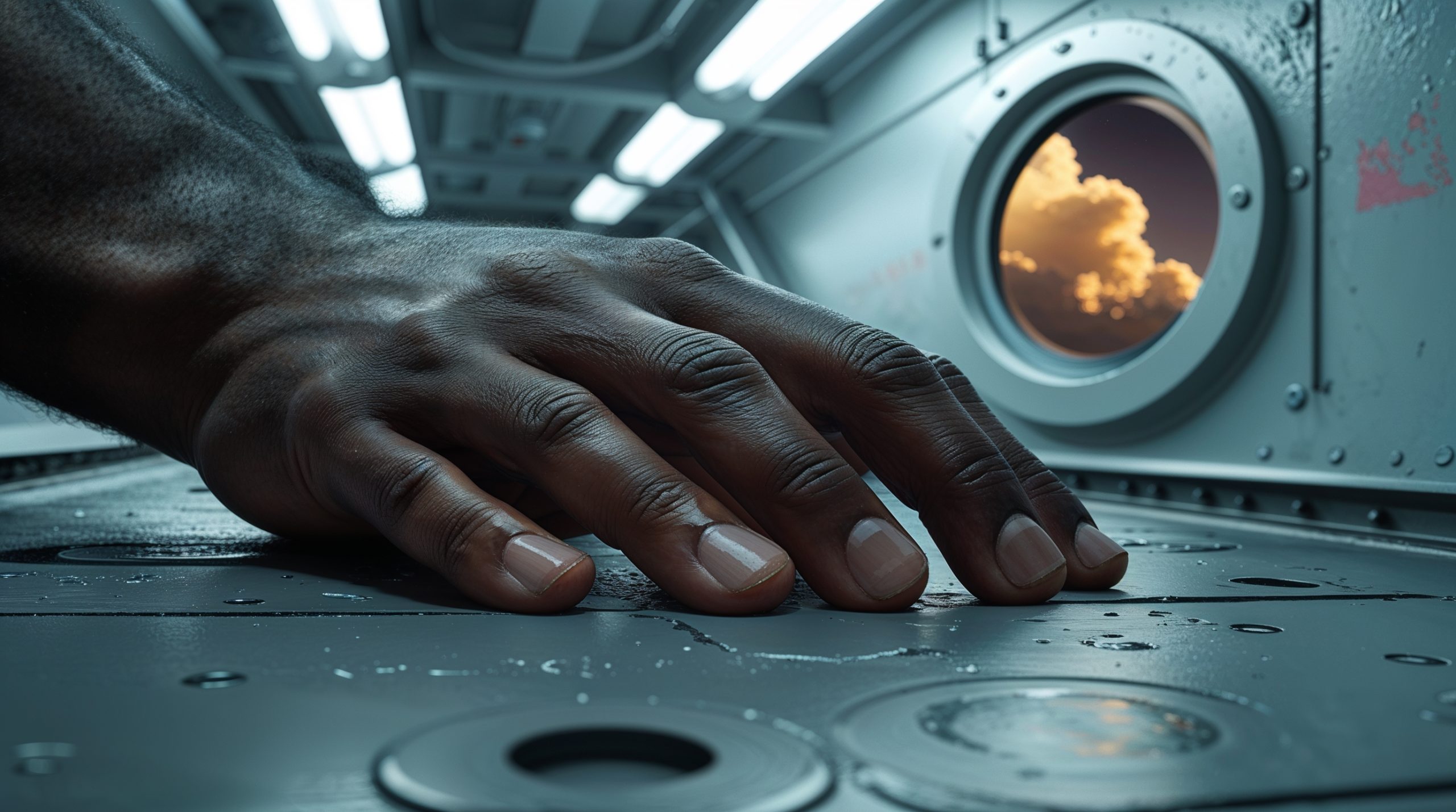 A single hand pressed flat against a metal deck plate, fluorescent light overhead, the faint amber glow of Jupiter's clouds visible through a small porthole in the background