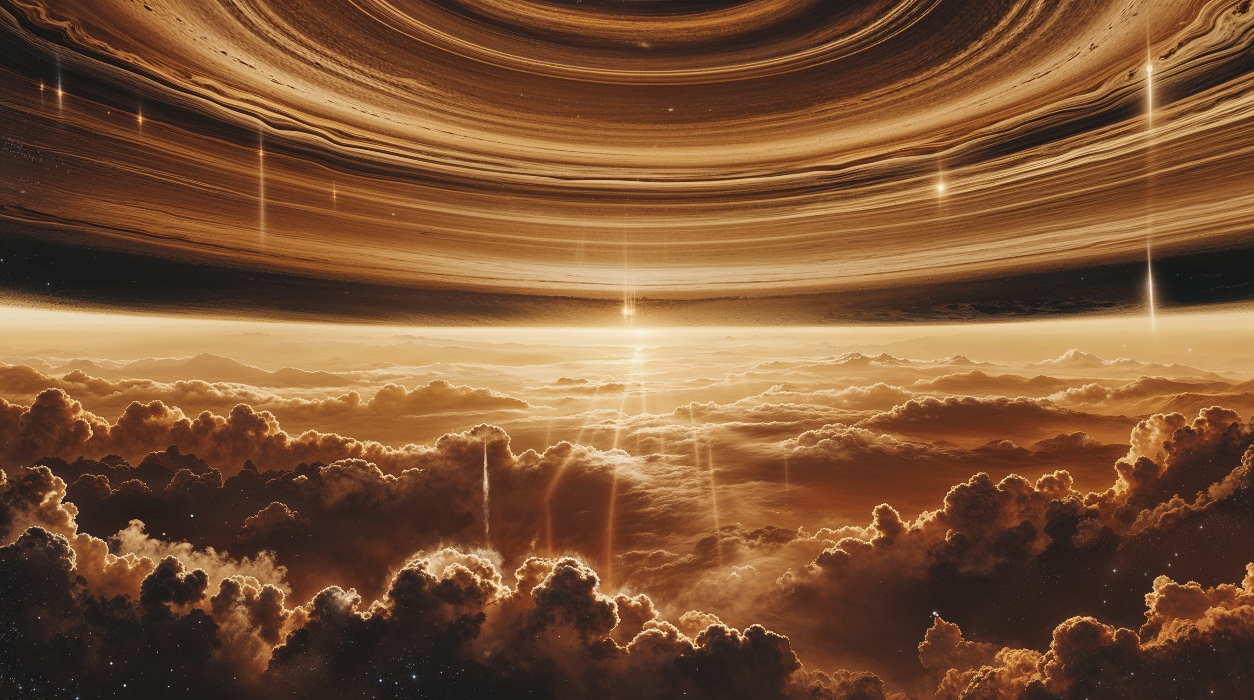 Deep within Jupiter's layered atmosphere, vast electromagnetic patterns drift through amber and ochre cloud bands that stretch to infinity