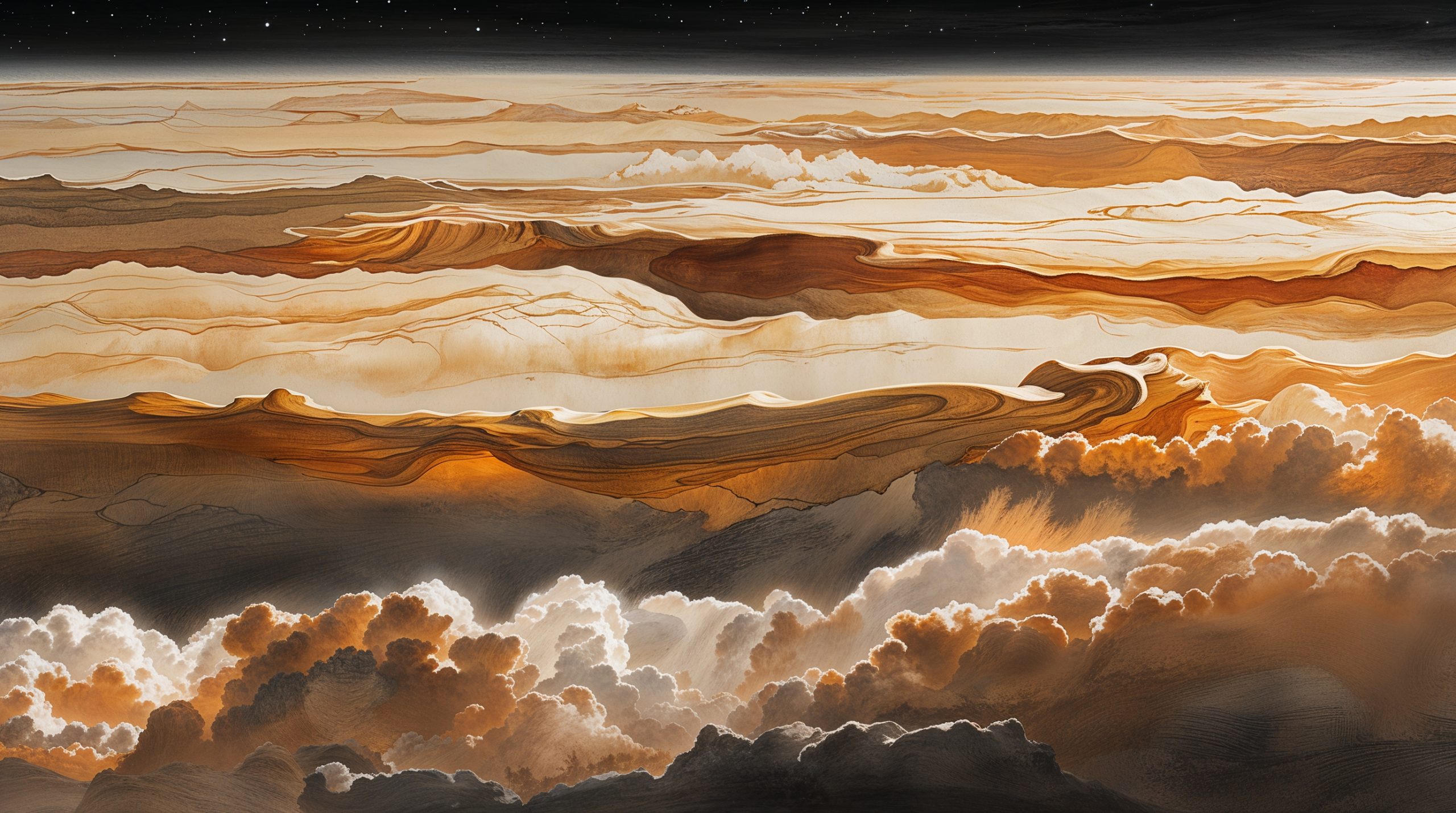 Jupiter's deep atmosphere, vast and beautiful and empty, the electromagnetic patterns that once filled the cloud layers gone forever