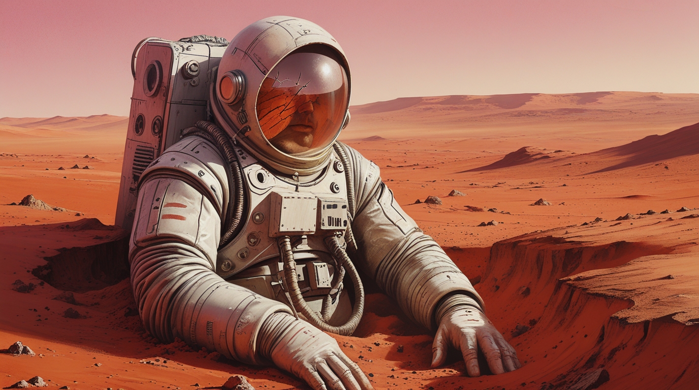 A human body in an ancient pressure suit half-buried in red Martian dust, faceplate cracked, suit bleached white by centuries of ultraviolet