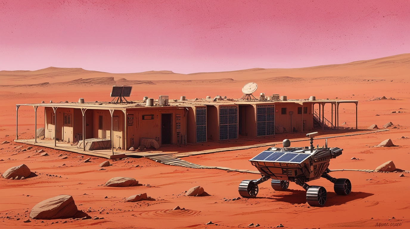 A small modular base on the Martian surface, low structures connected by covered walkways, partially buried in red dust, preserved and dead