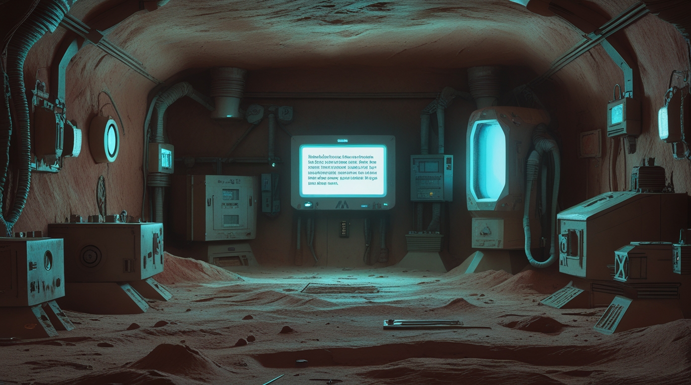 Interior of an old Martian habitat operations center, a single screen glowing with text in a dark dusty room, everything preserved and frozen in time
