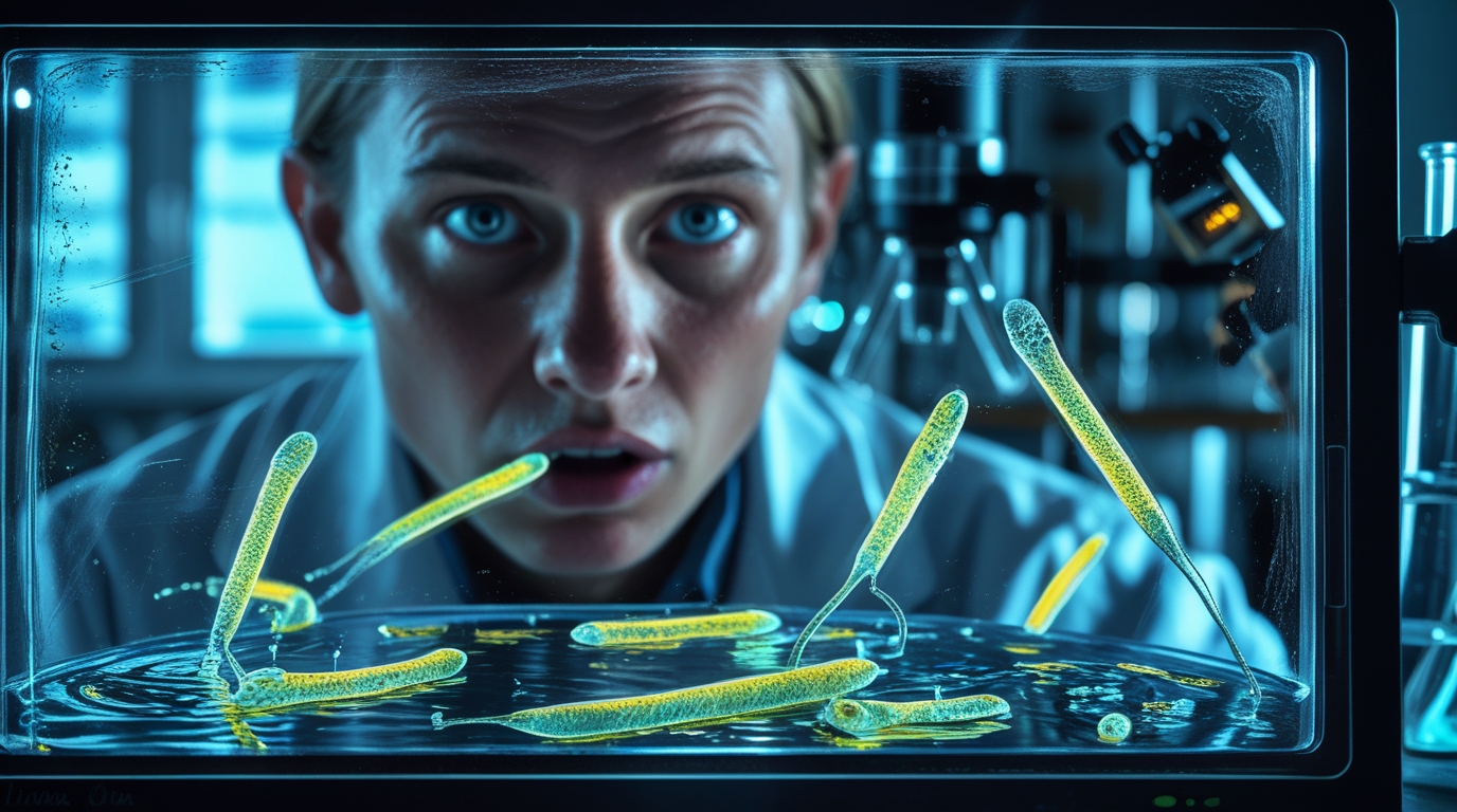 A microscope display showing magnified rod-shaped translucent organisms moving in a water sample, a scientist's shocked face reflected in the screen