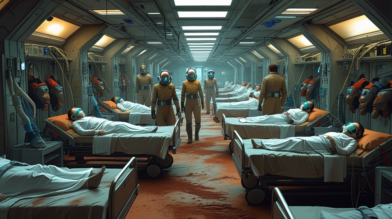 A crowded medical bay in a Martian colony habitat, beds lining the corridor, patients breathing through oxygen masks, pushed past capacity