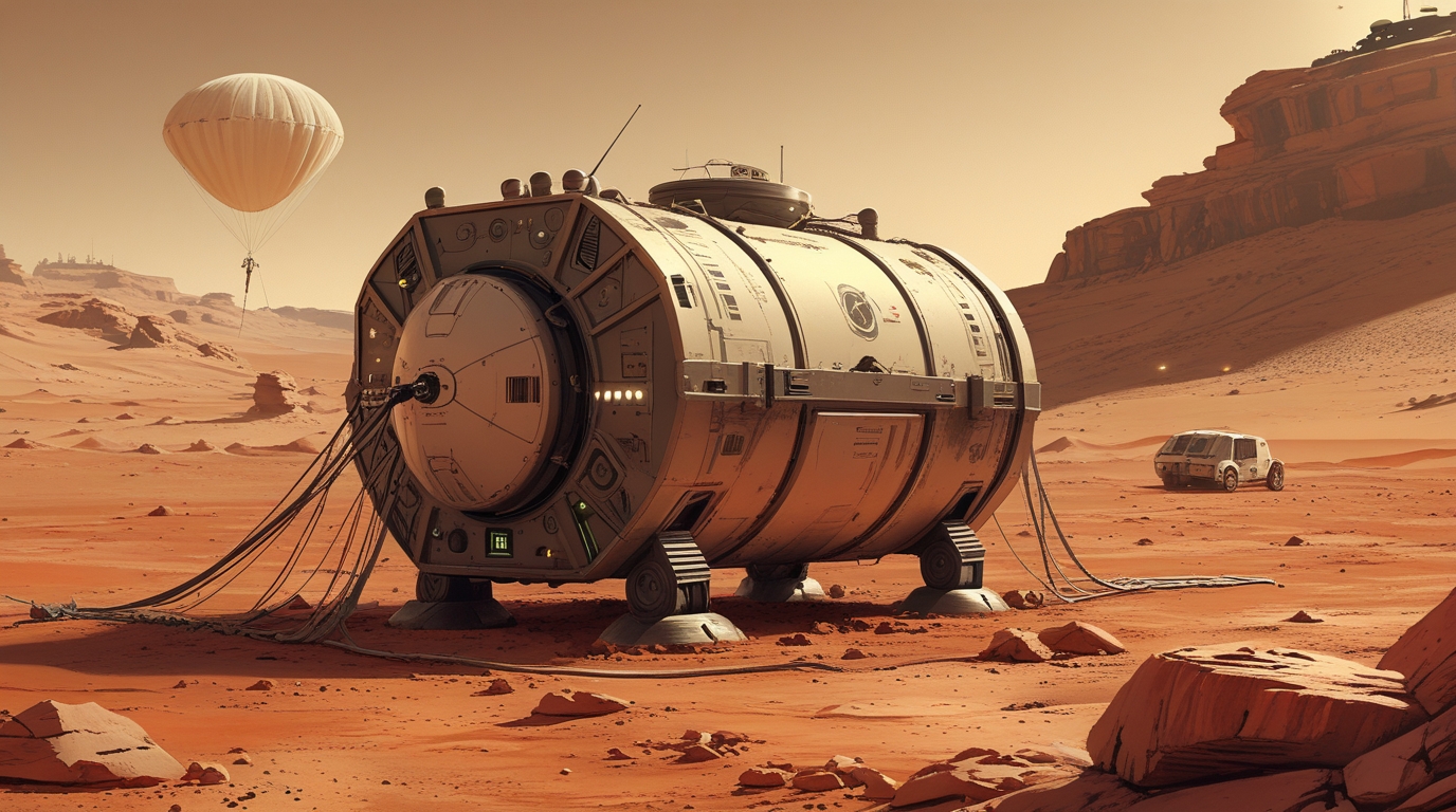 An unmanned supply pod sitting alone on the Martian surface, scorched from entry, parachute draped across red rocks, the colony lights distant in the background