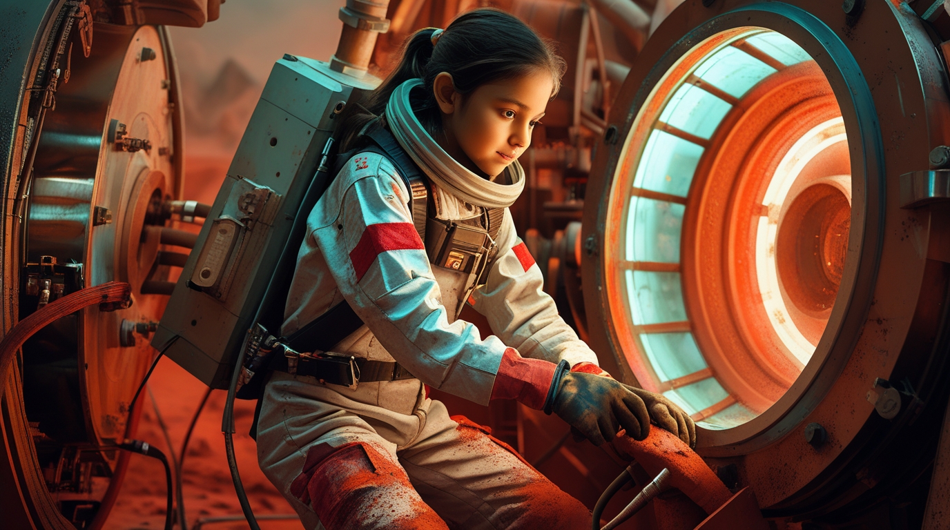 A young girl in a patched pressure suit with a hand-painted red stripe, working confidently inside an industrial atmospheric processor on Mars
