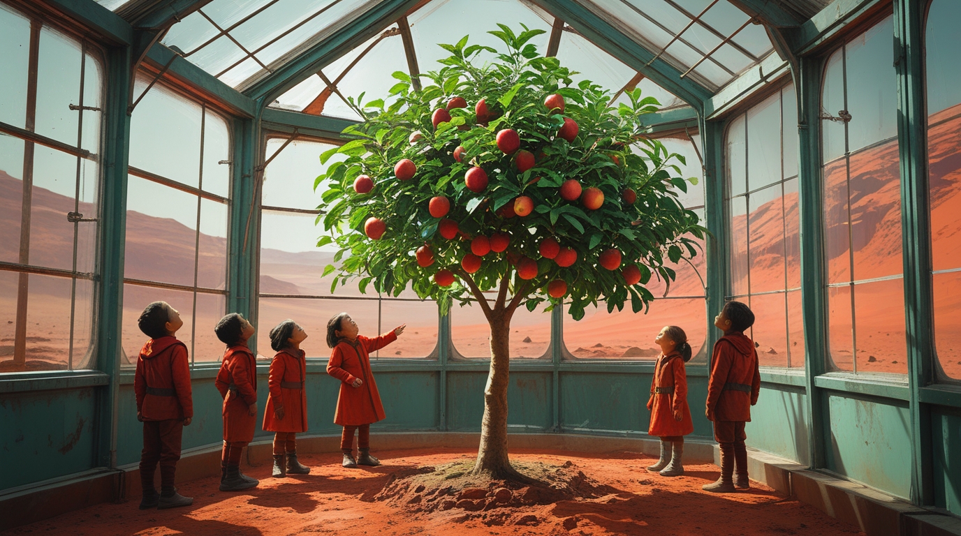 A small apple tree bearing fruit inside a Martian greenhouse, surrounded by children in colony clothing, green leaves and red apples vivid against the barren red world outside