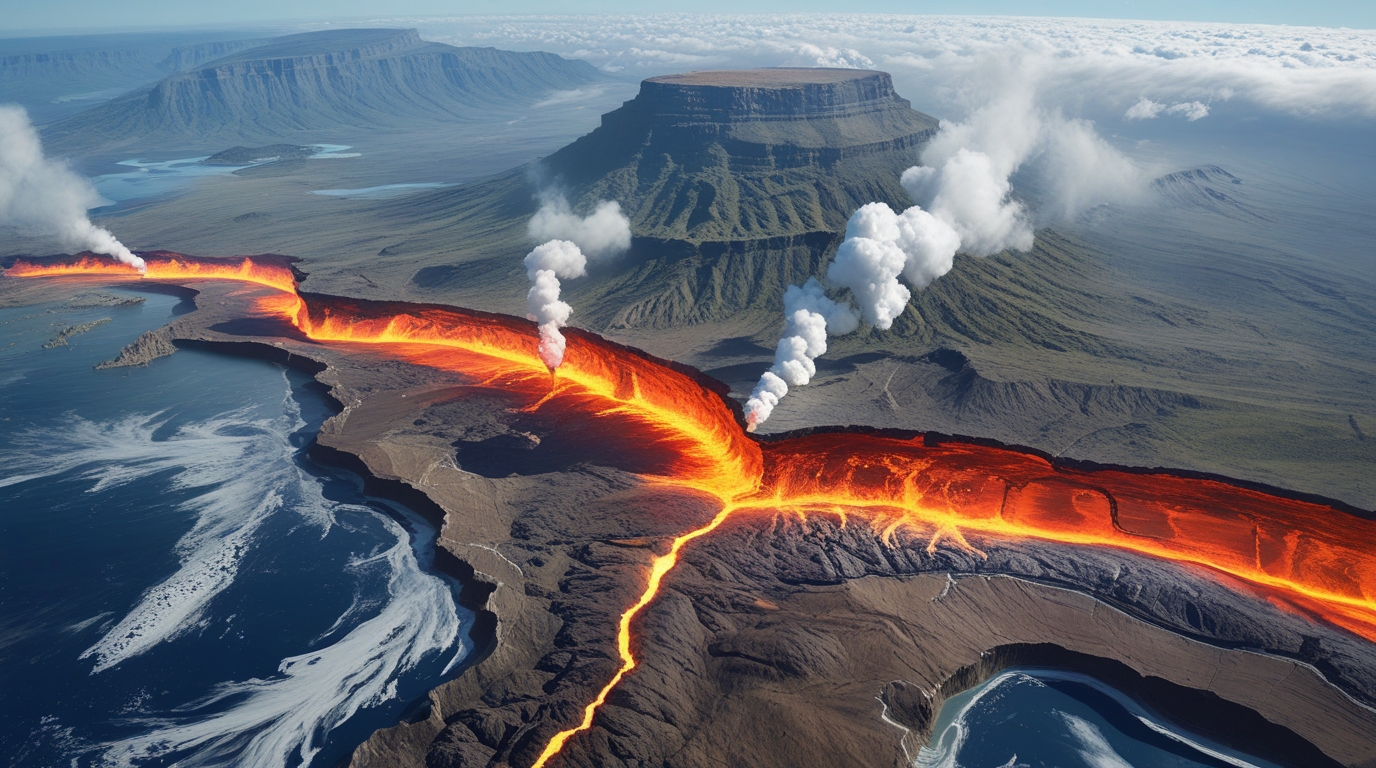 The East African Rift seen from orbit, volcanic activity visible along the tectonic boundary, magma glowing beneath thin crust