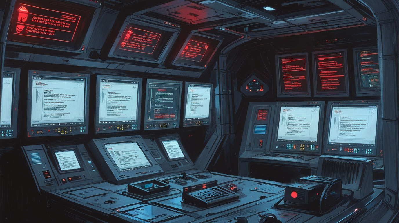 A communications terminal displaying urgent transmissions, red warning indicators, the weight of Earth's condemnation visible in the flashing alerts