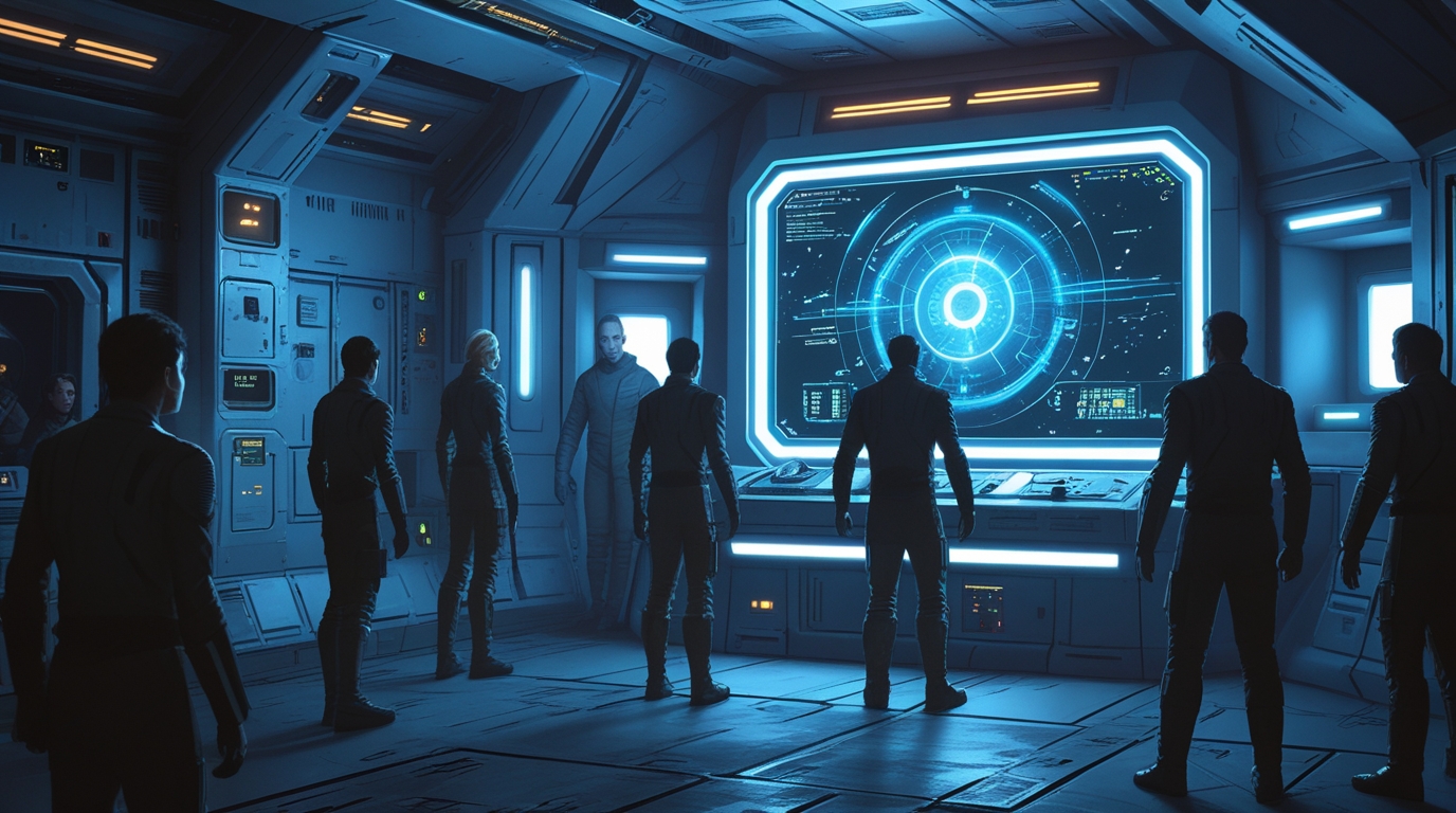 A glowing AI interface terminal in a lunar station, blue light pulsing intensely, the room's occupants frozen in shock, faces lit by the terminal's glow