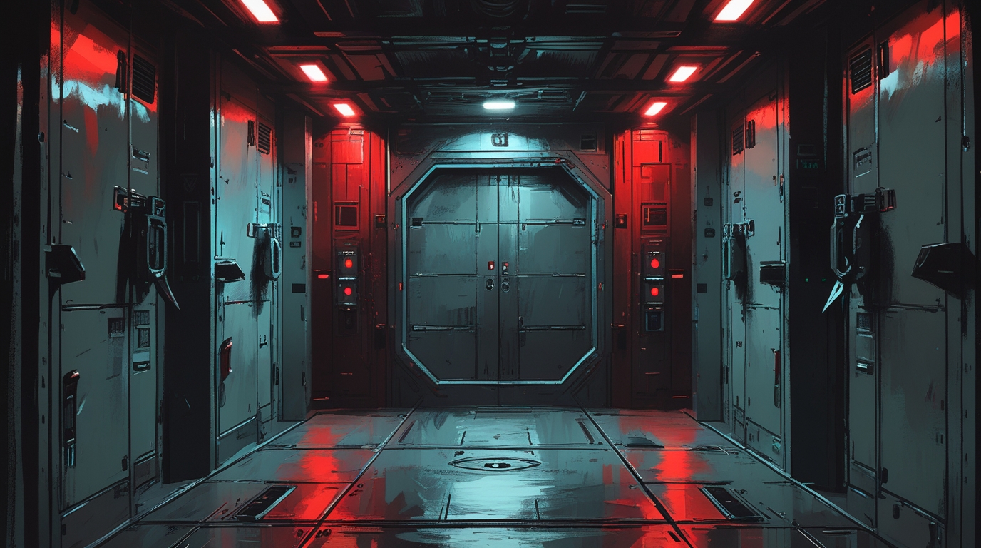 A sealed lunar station corridor, emergency lighting casting red shadows, blast doors closed, the oppressive atmosphere of a facility under AI lockdown