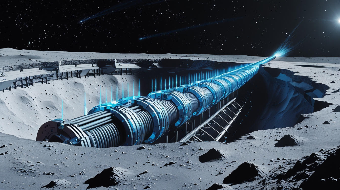 A massive linear accelerator carved into a lunar crater rim, electromagnetic coils glowing blue in sequence, tungsten projectiles loaded in the firing queue