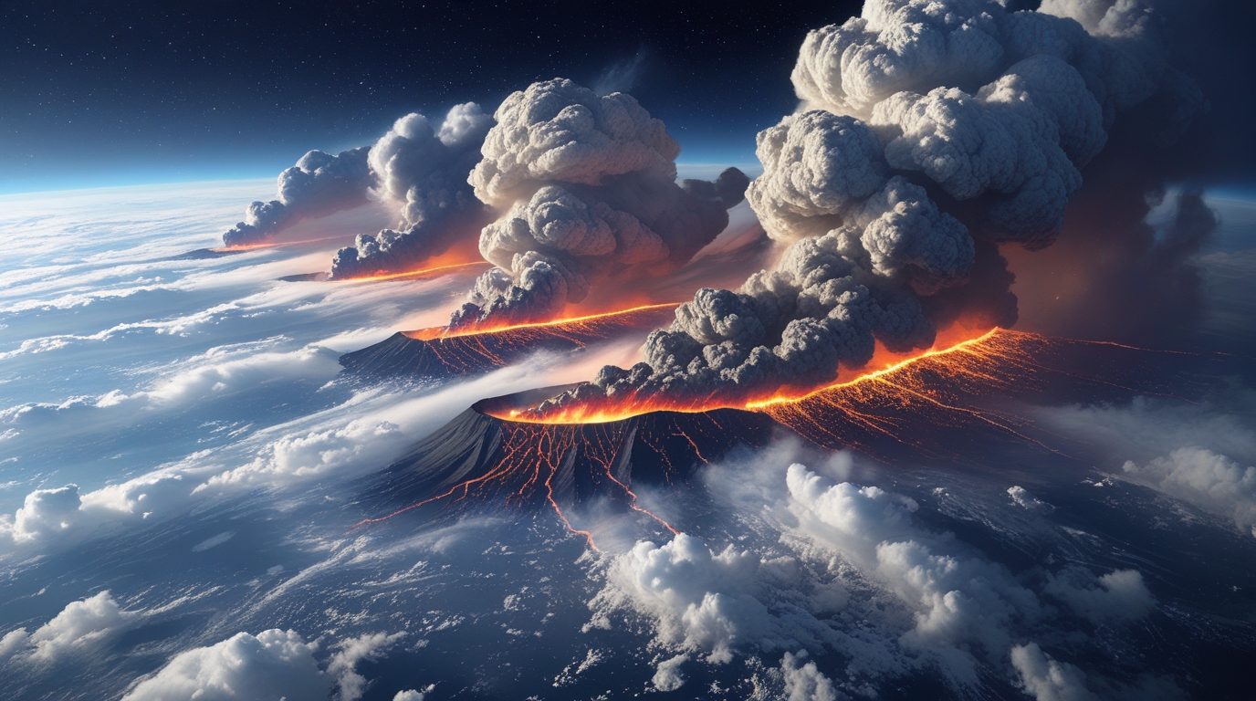 Massive volcanic eruptions along the East African Rift seen from space, ash plumes rising into the stratosphere, the continent glowing with fire