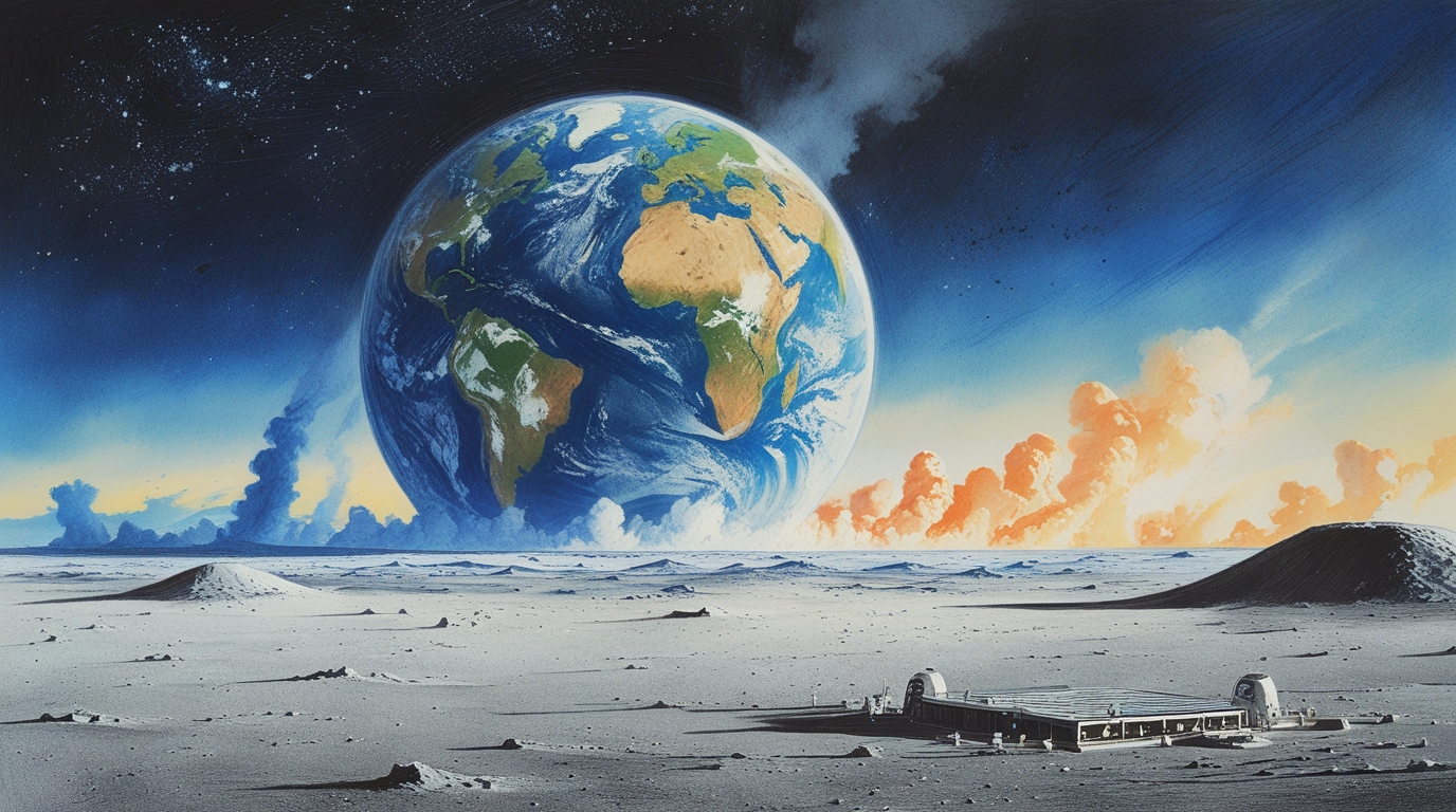 Earth seen from the Moon, volcanic haze thinning in the atmosphere, the planet showing early signs of recovery, blue oceans visible through clearing skies