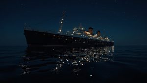 A grand ocean liner cuts through dark water at night, its illuminated decks rising against a starry sky. TITLE: Classic