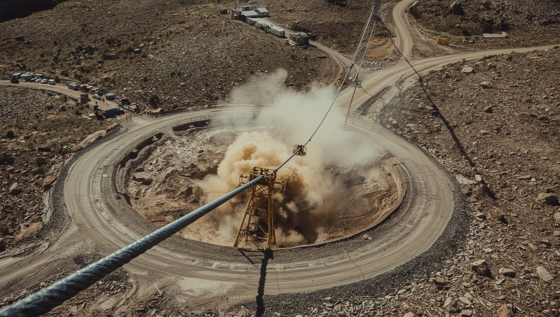 A massive cable swaying at ground level in the Andes, fragments breaking from the outer surface, the terrifying oscillation of a structure beginning to crack under shear